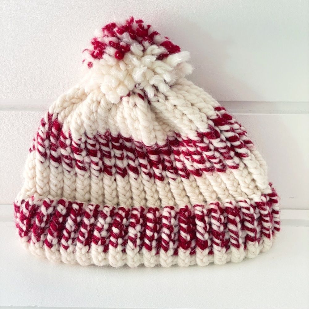 Hand Knit Girls Striped Maroon and Off White Winter Beanie Hat
